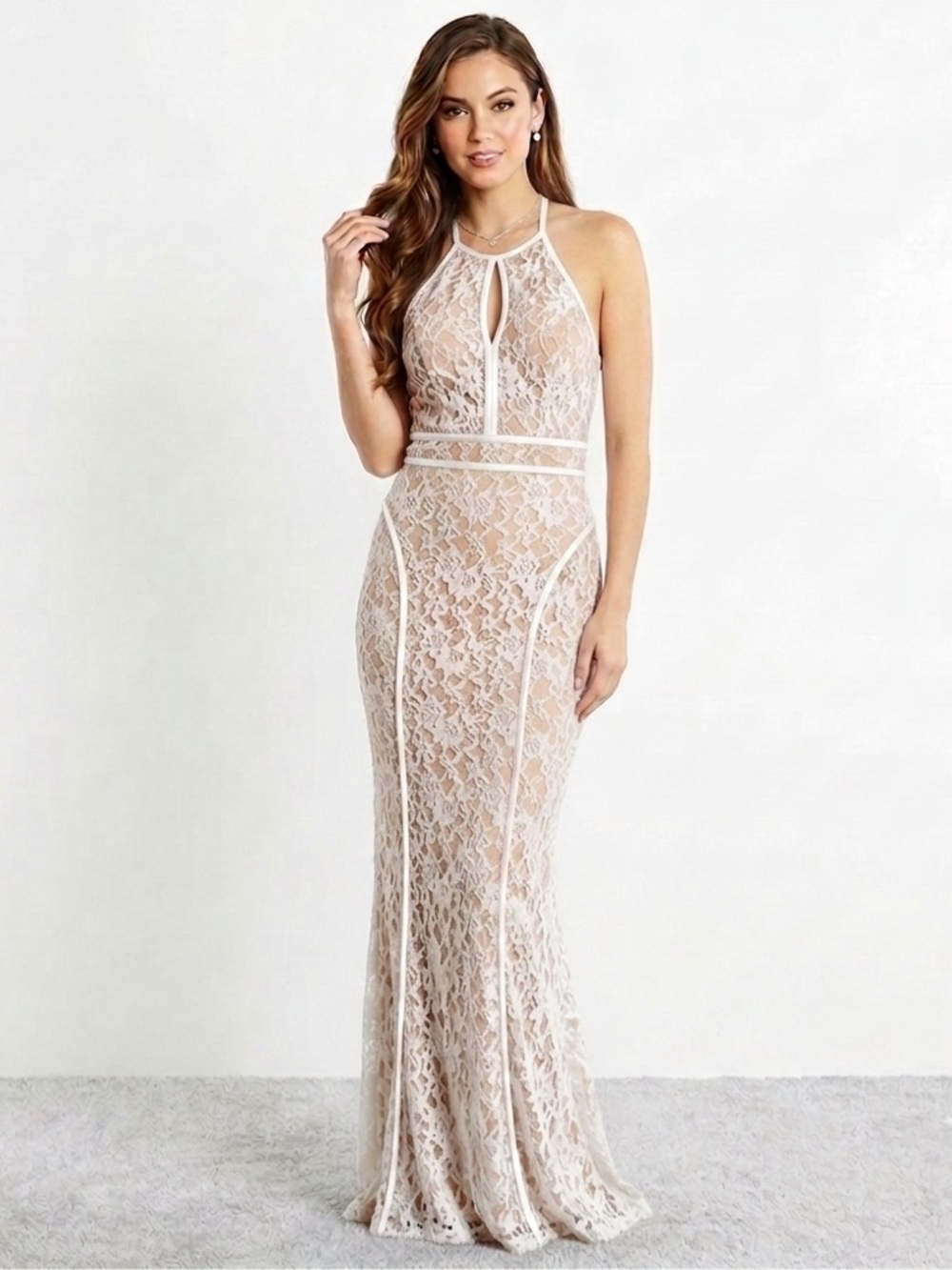 Guess By Marciano Mermaid silhouette nude dress with white lace overlay.